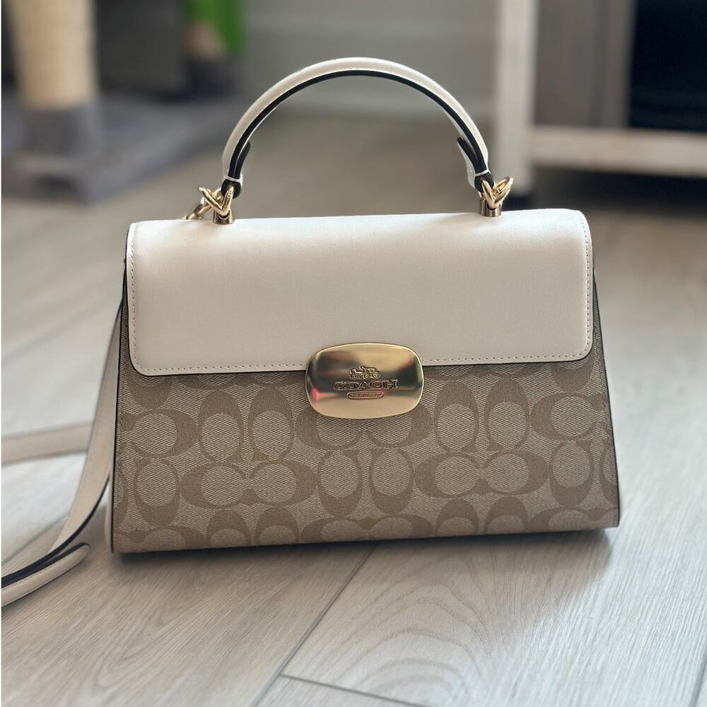 NWOT Coach Eliza Gold Light Khaki Chalk signature canvas leather top handle bag - Picture 2 of 7